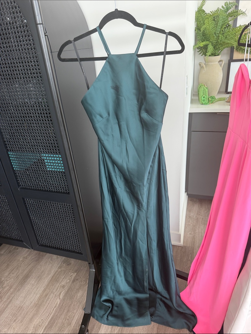 Satin Halter Maxi Dress in Dark Hunter/Teal Green